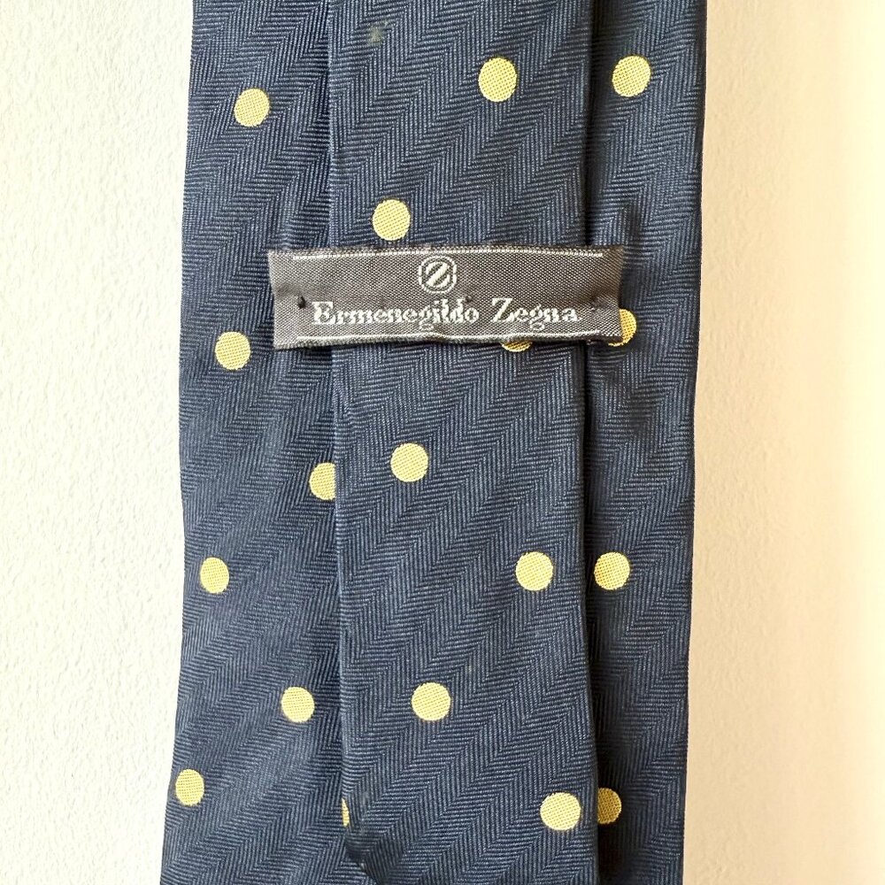 Ermenegildo Zegna 100% Silk Neck Tie Navy & Light Yellow Polka Dot (3.5" Width)